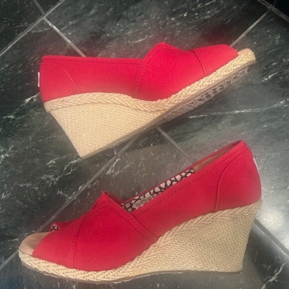 Toms Women's Wedges Red Calypso Canvas Espadrille Slip On Peep Toe-SIZE 9.5 - Picture 5 of 13